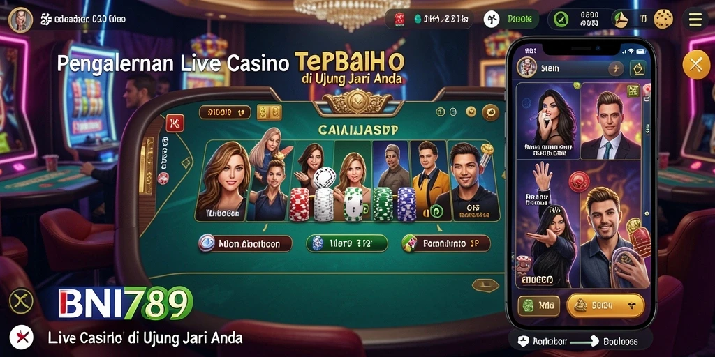 Screenshot gameplay BNI789 yang menunjukkan dealer langsung dan suasana kasino.