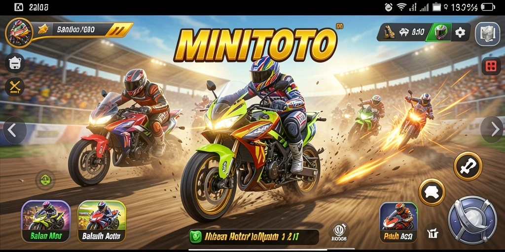 Tampilan gameplay seru dari MINITOTO saat balapan motor.