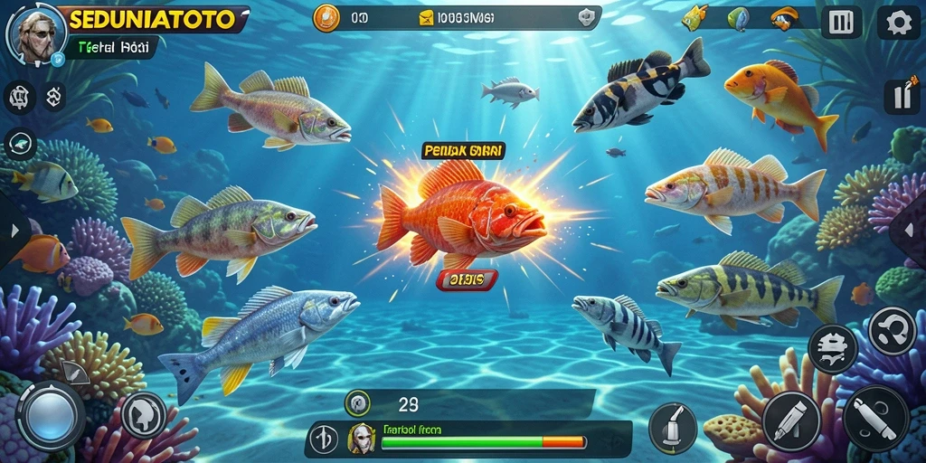 Tampilan gameplay seru SEDUNIATOTO dengan aksi Tembak Ikan yang mendebarkan.