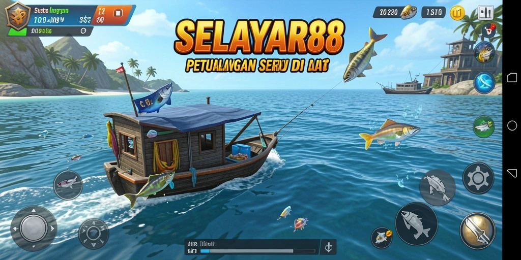 Menampilkan aksi memancing yang seru dengan latar belakang laut.